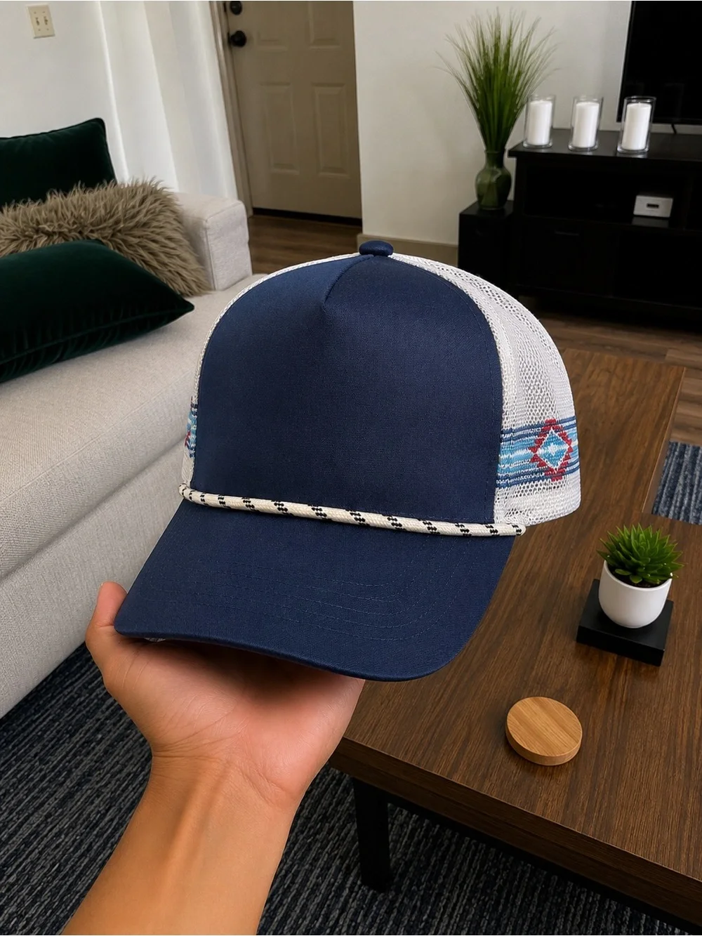 Navy Blue Rope-Trim Trucker Hat